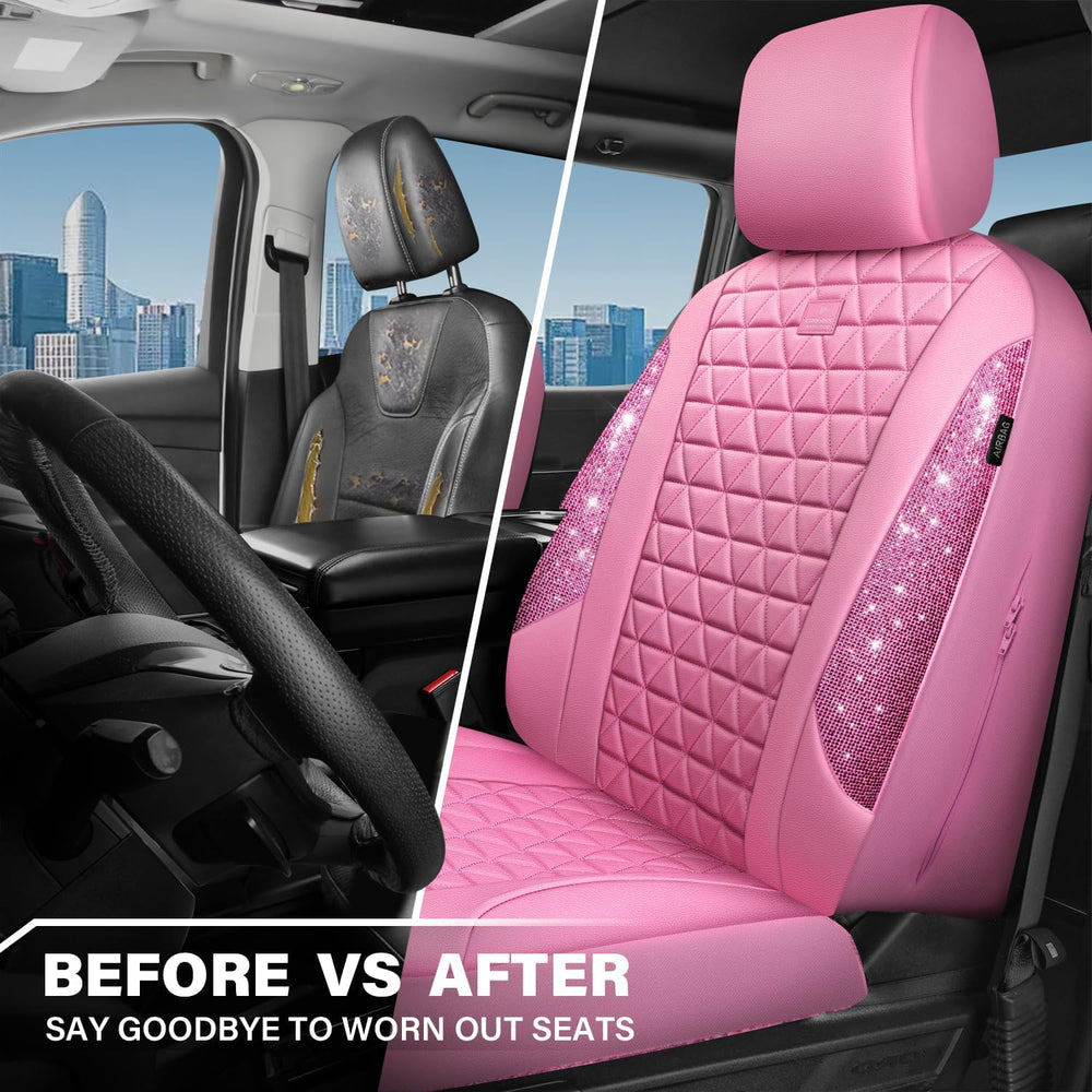 CAR PASS Bling Diamond Pink Leather Car Seat Covers for 2 Front Seats Protect...