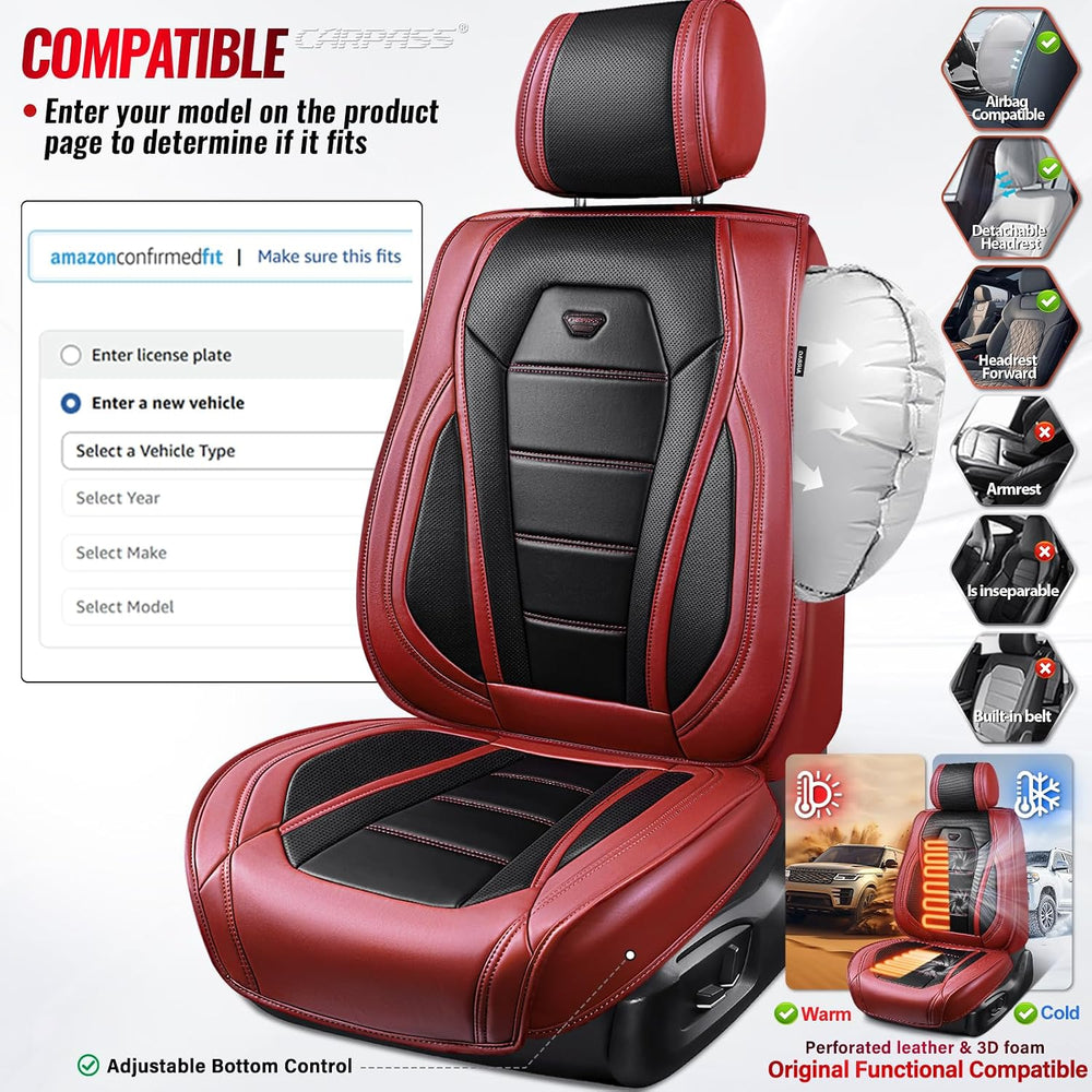 CAR PASS Nappa Leather Car Seat Covers Full Set Faux Leather, Black Red