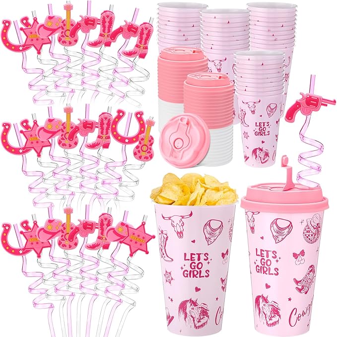 Yungyan 36 Sets Pink Cowgirl Party Favors Goodie Cups with Lids and Straws fo...