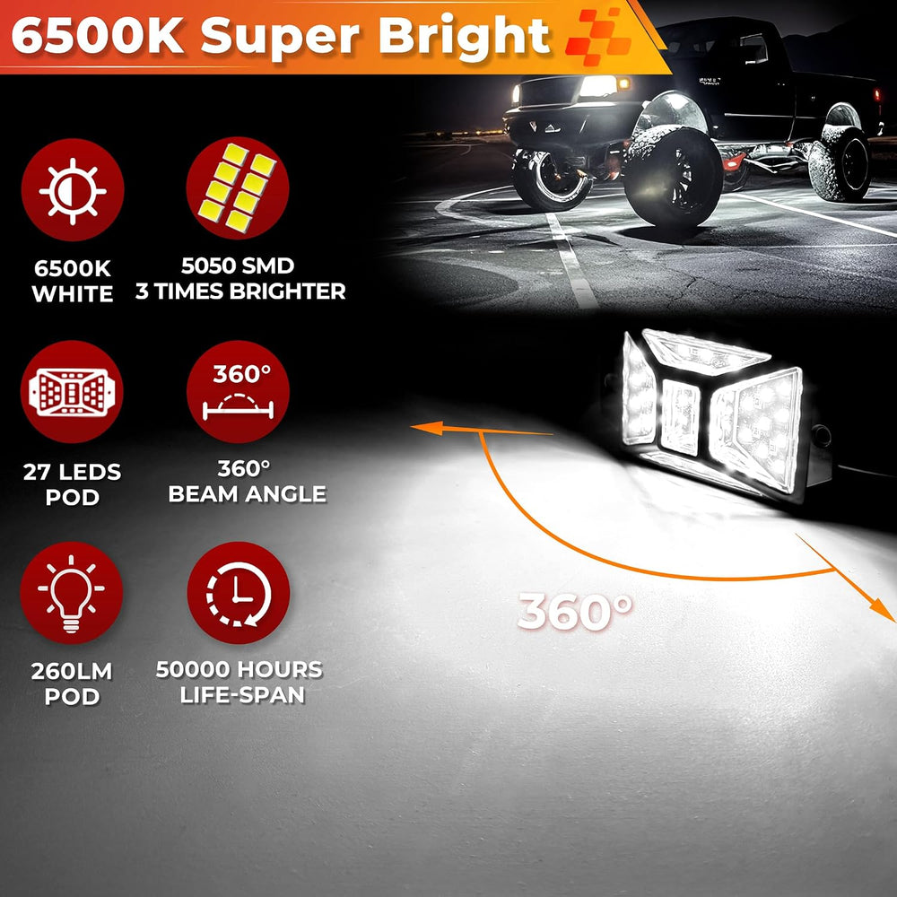12 Pods Pure White LED Rock Lights Kit with Switch Wiring Harness