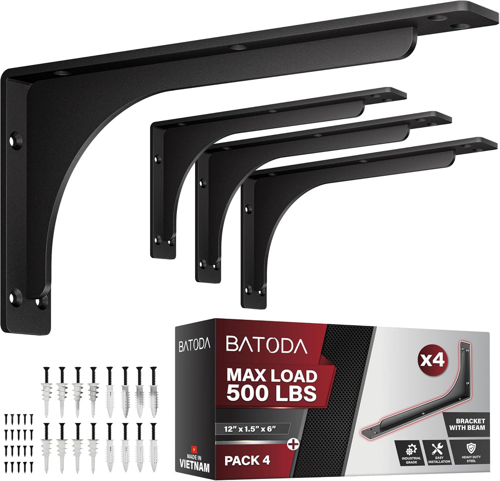 BATODA Pack 4 12" x 6" L Bracket with Beam, Wall Mounted, 300 Lbs C...