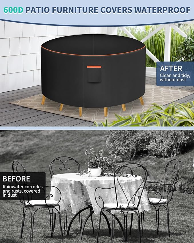 Round Patio Furniture Cover, 96 Inch Diameter Waterproof 600D Heavy Duty Table