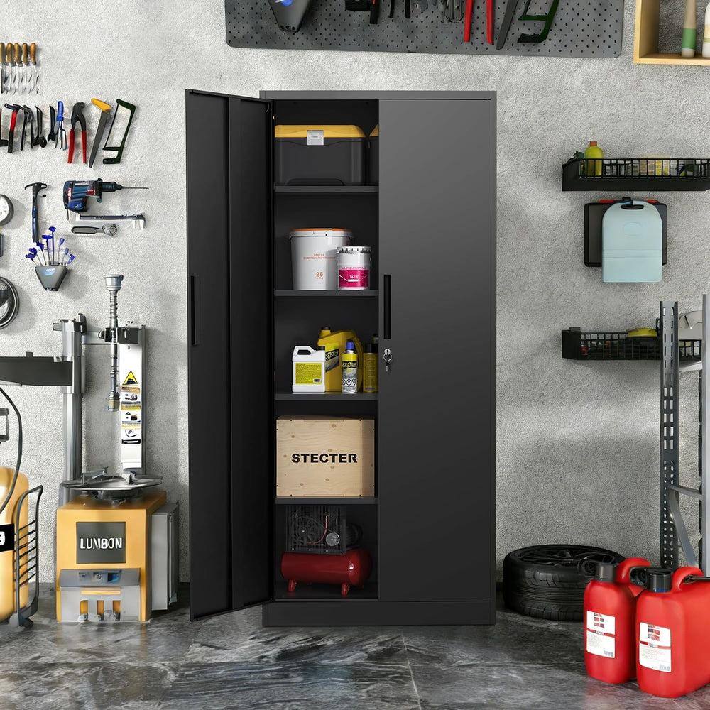 Metal Storage Cabinet with Lock, 71"H Garage Storage Cabinet, Black