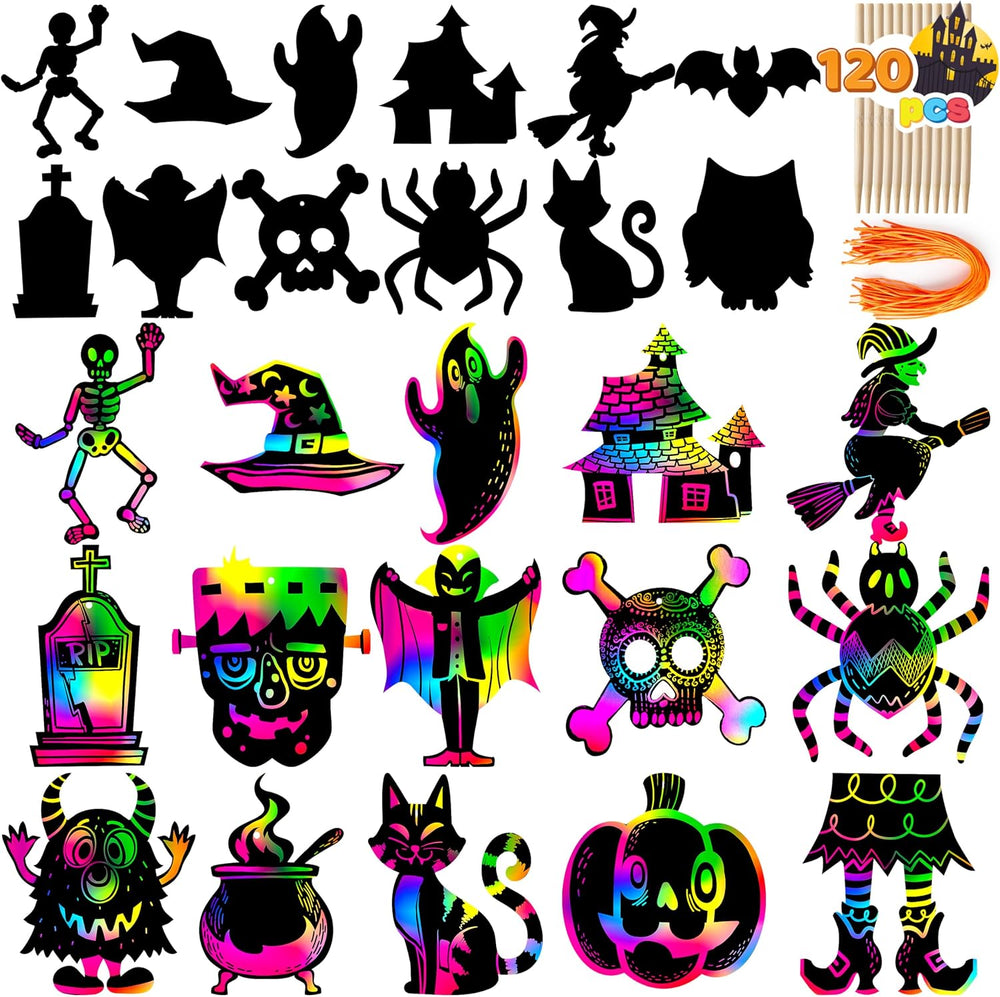 JOYIN 120 Pcs Halloween Rainbow Scratch Art Crafts for Kid, Halloween Party F...