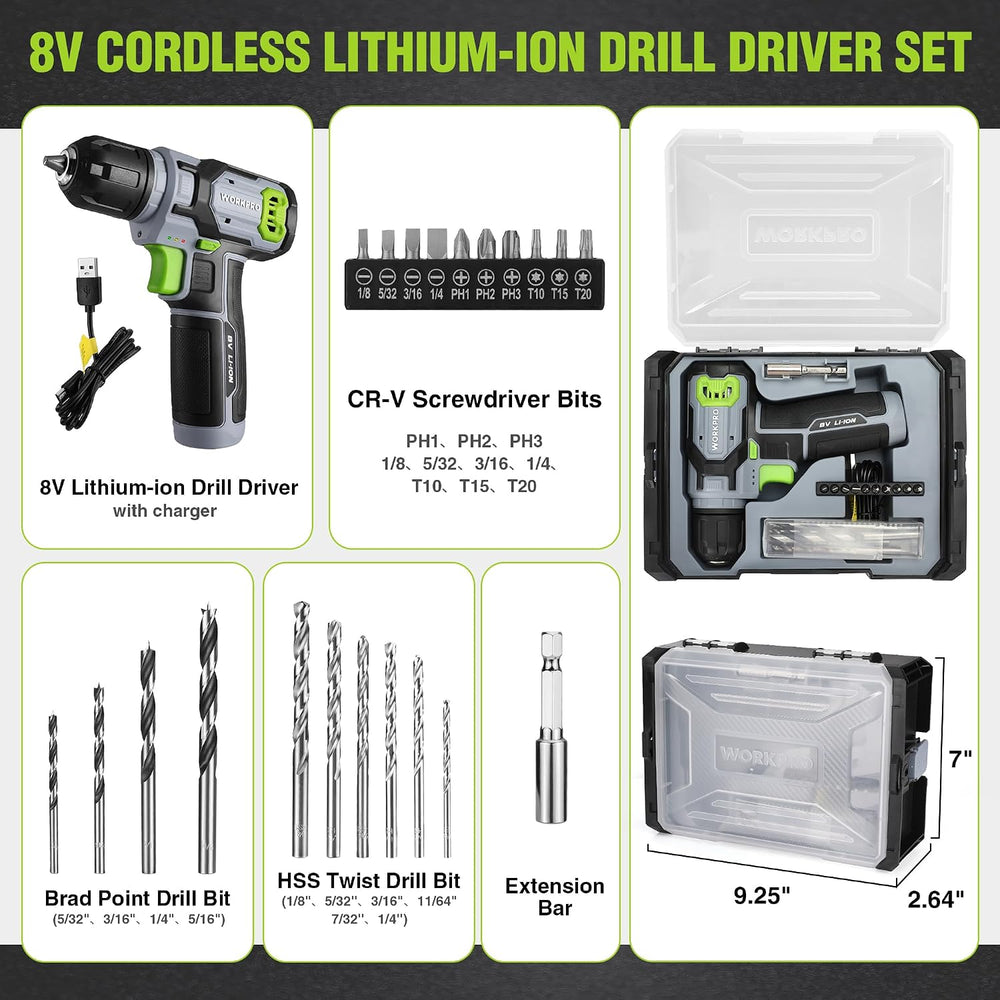 WORKPRO Power Drill Bit Set with Tool Box, 8V Cordless Drill Driver
