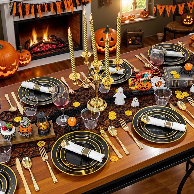 175PCS Black and Gold Plates - Black Disposable Plates for Party - 25Guests D...