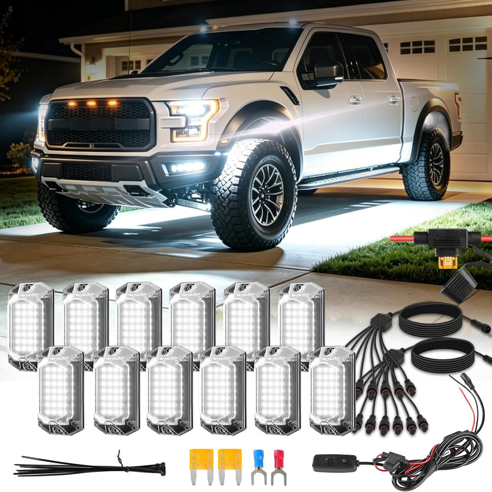 12 Pods Full Angle Pure White LED Rock Lights with Switch Harness Extension W...