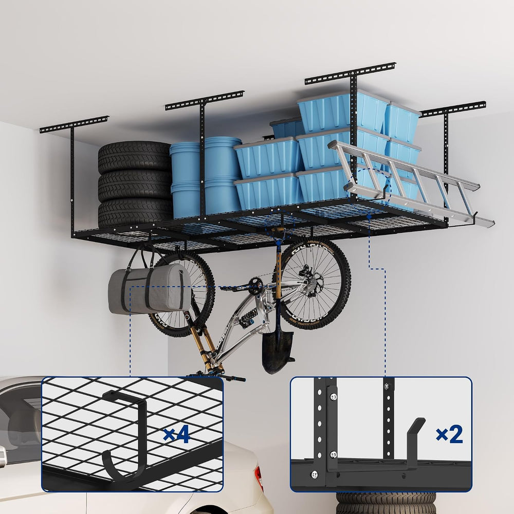 FLEXIMOUNTS 4x8 Overhead Garage Ceiling Storage Rack with 6 Hooks, Black