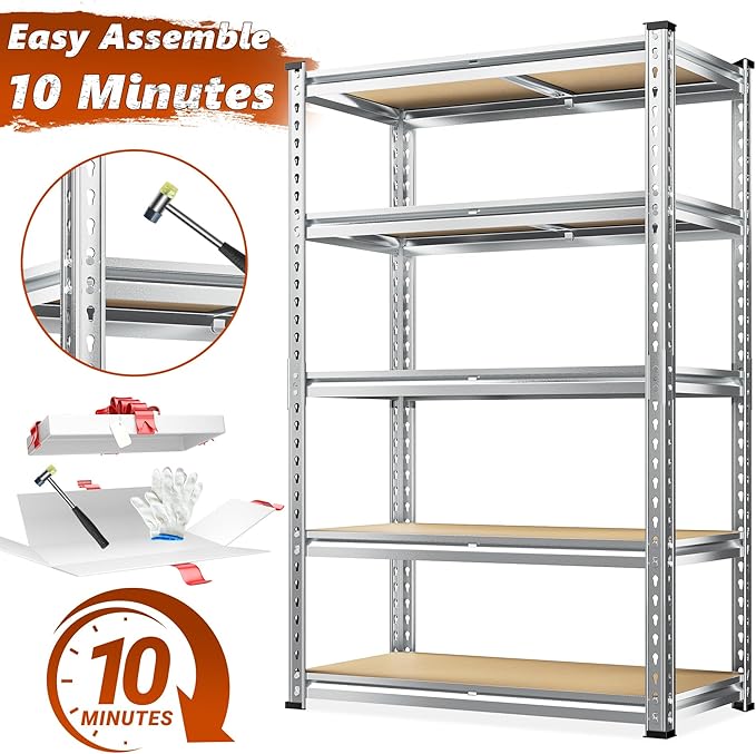 REIBII Garage Shelving, 5 Tier Storage Shelves Load 2020LBS, Adjustable Garage