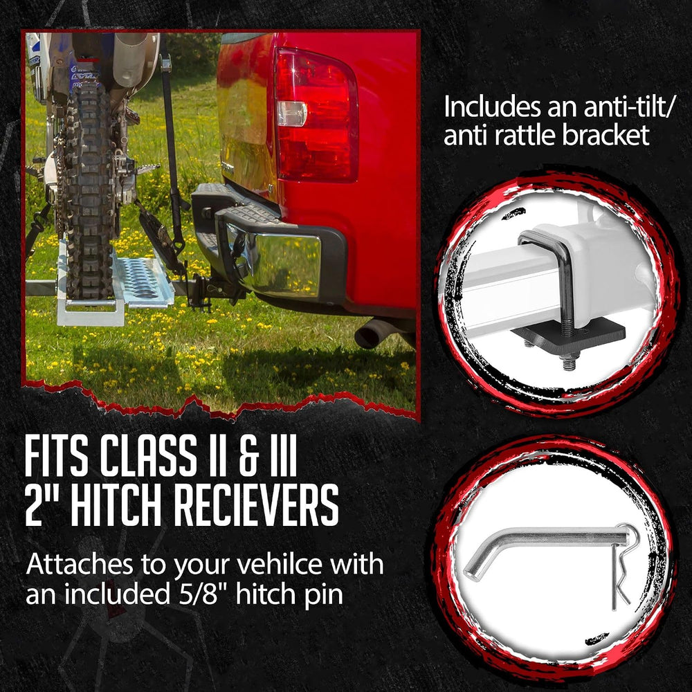Black Widow Double Motorcycle Bike Hitch Carrier, Loading Ramp, 600 lb Cap