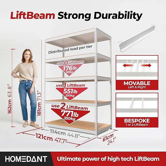 HOMEDANT White 5 Tier Laminated Boltless Heavy Duty Garage Storage Adjustable