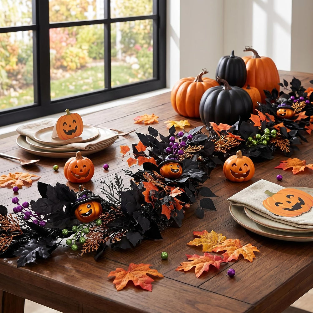 DecorbyHannah 6ft Halloween Garland for Mantle with Lights Pumpkin Decor