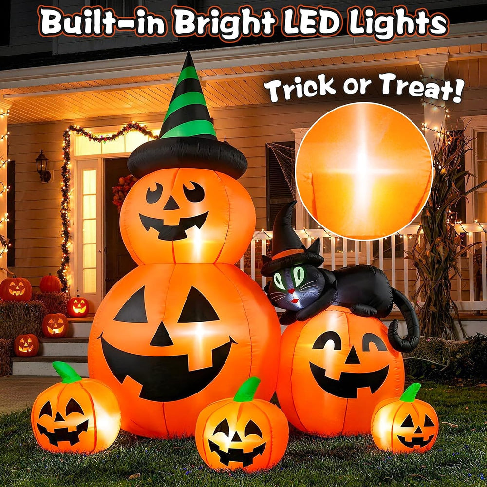 6 FT Halloween Inflatable Pumpkins with Witchโs Black Cat, Spooky Blow up Out...