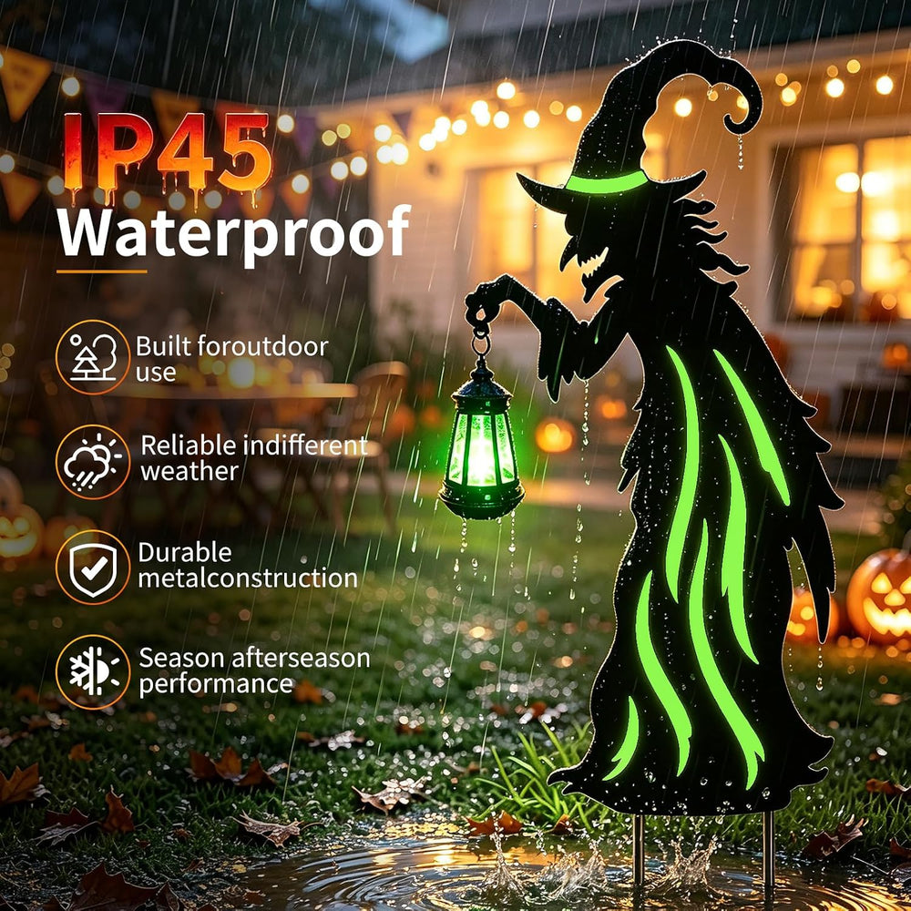 Halloween Decorations Outdoor,Metal Yard Witch Stake with Solar Lantern