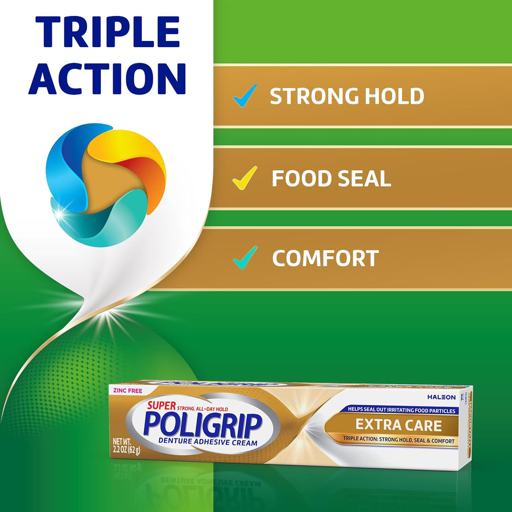 Poligrip Extra Care Denture Adhesive Cream, 2.2 oz (4 Pack)