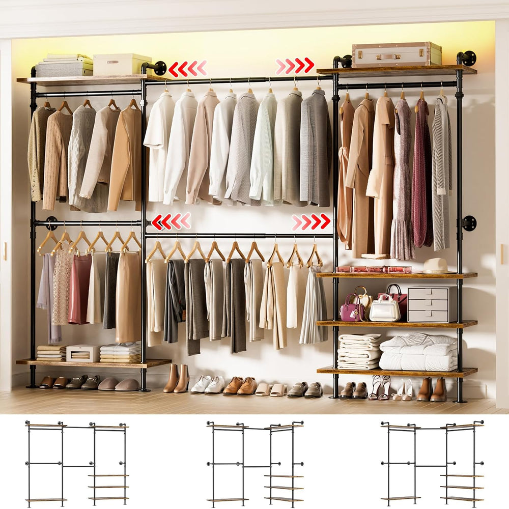 Aheaplus Industrial Pipe Clothing Rack, Expandable Garment Rack, Closet Syste...