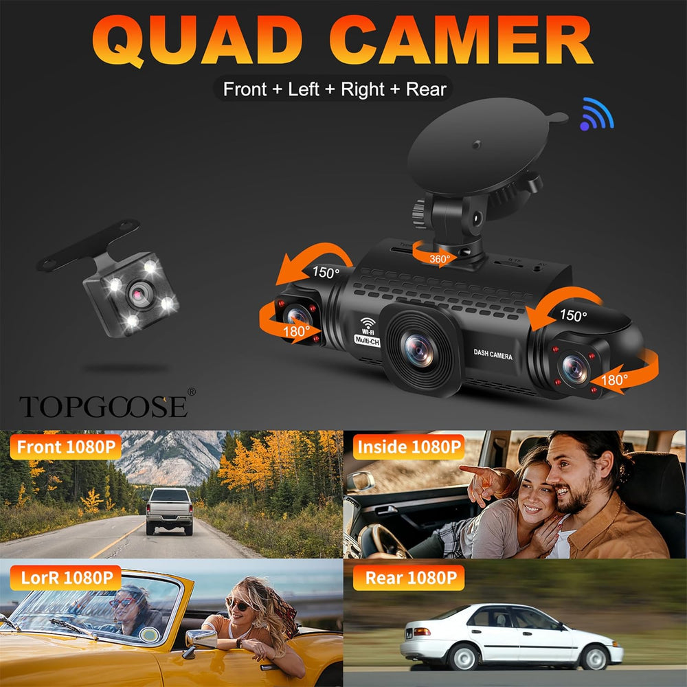 4 Channel Dash Cam 360° View,TOPGOOSE 2K Front and Rear Inside, Left Right Da...