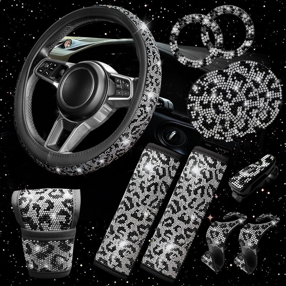 11 pcs Bling Snow Leopard Car Accessories Set for Women, Cheetah Print Steeri...