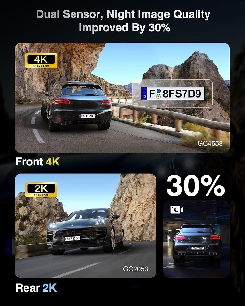 4K Dash Cam Front and Rear, Night Vision, WDR, Free Card Included