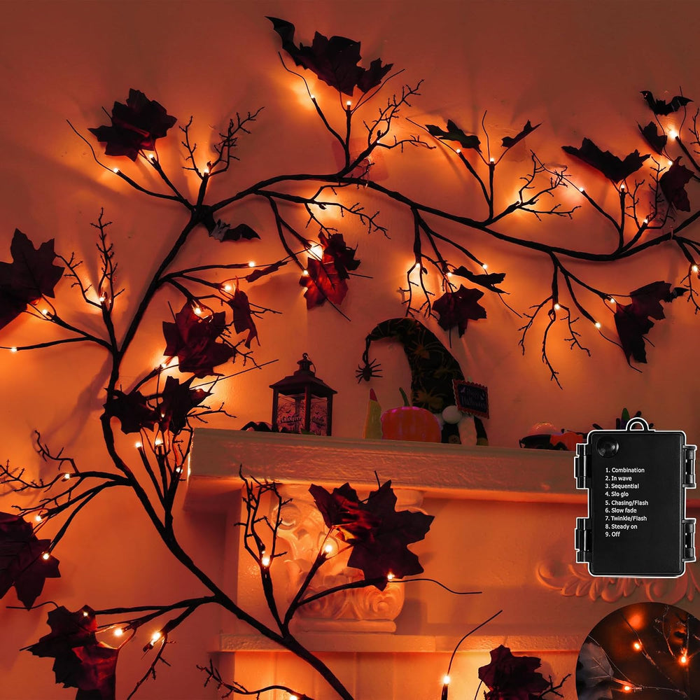 FLYSNK 9 FT 72 LED Halloween Willow Vine Twig Decorations With Orange Lights ...