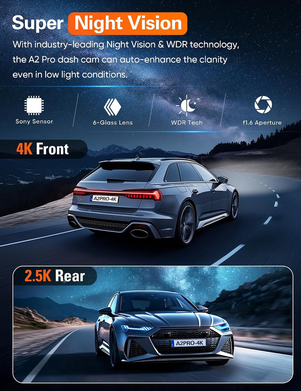 4K+2.5K WiFi Dash Cam Front and Rear, Built-in 5G WiFi, Free 64GB Card, Dash ...