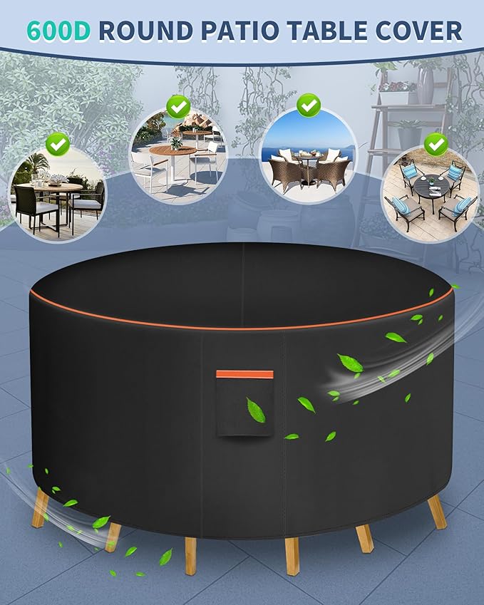 Round Patio Furniture Cover, 110 Inch Diameter Waterproof 600D Heavy Duty Table