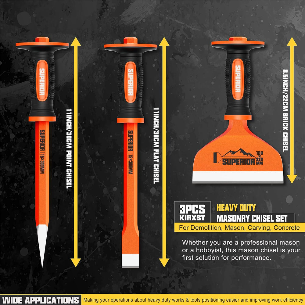3Pcs Heavy Duty Masonry Chisel Set with Hand Guard Concrete Chisel Tools Incl...