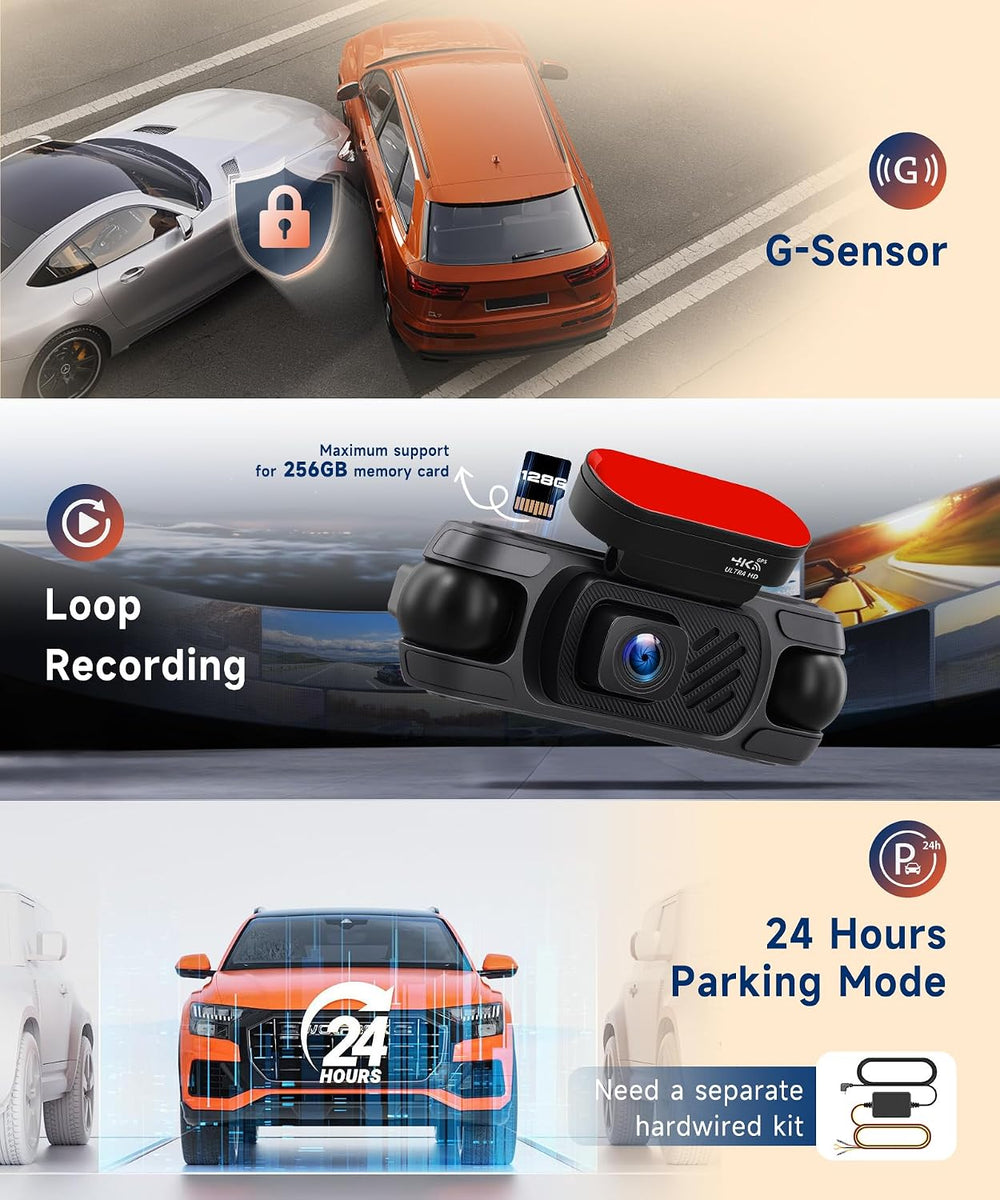 4 Channel Dash Cam Front and Rear, 360° View 4K Front 1080P Rear Inside