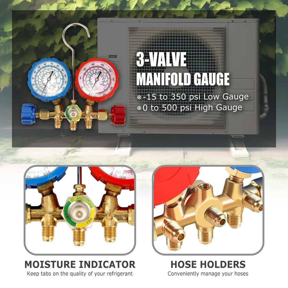 3 Way AC Manifold Gauge Set, Fits for R134A R12 R22 and R502 Refrigerants, wi...
