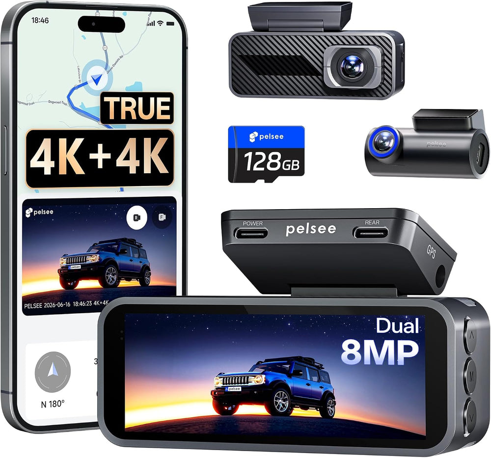 Pelsee S1 Pro Native 4K + 4K Dash Cam Front and Rear, 128GB Card Included