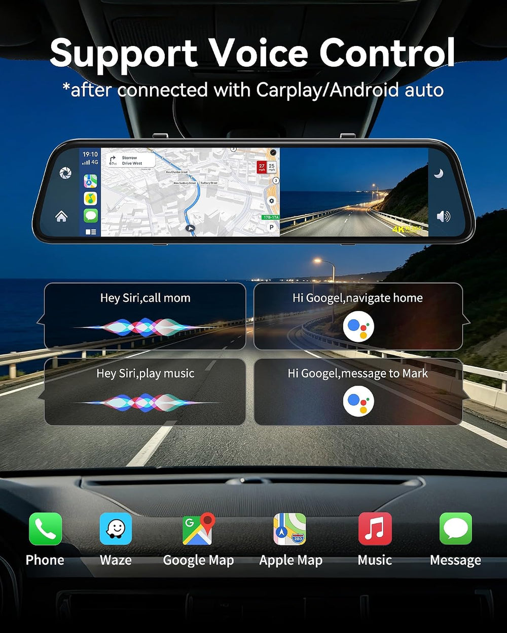 4K 13’’ Rear View Mirror Camera with Wireless Carplay&Android Auto