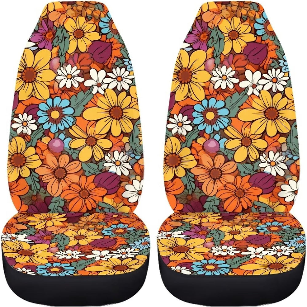 Hippie Flower Orange 2 Pcs Car Seat Covers Front Seats Only Elastic Cushion P...