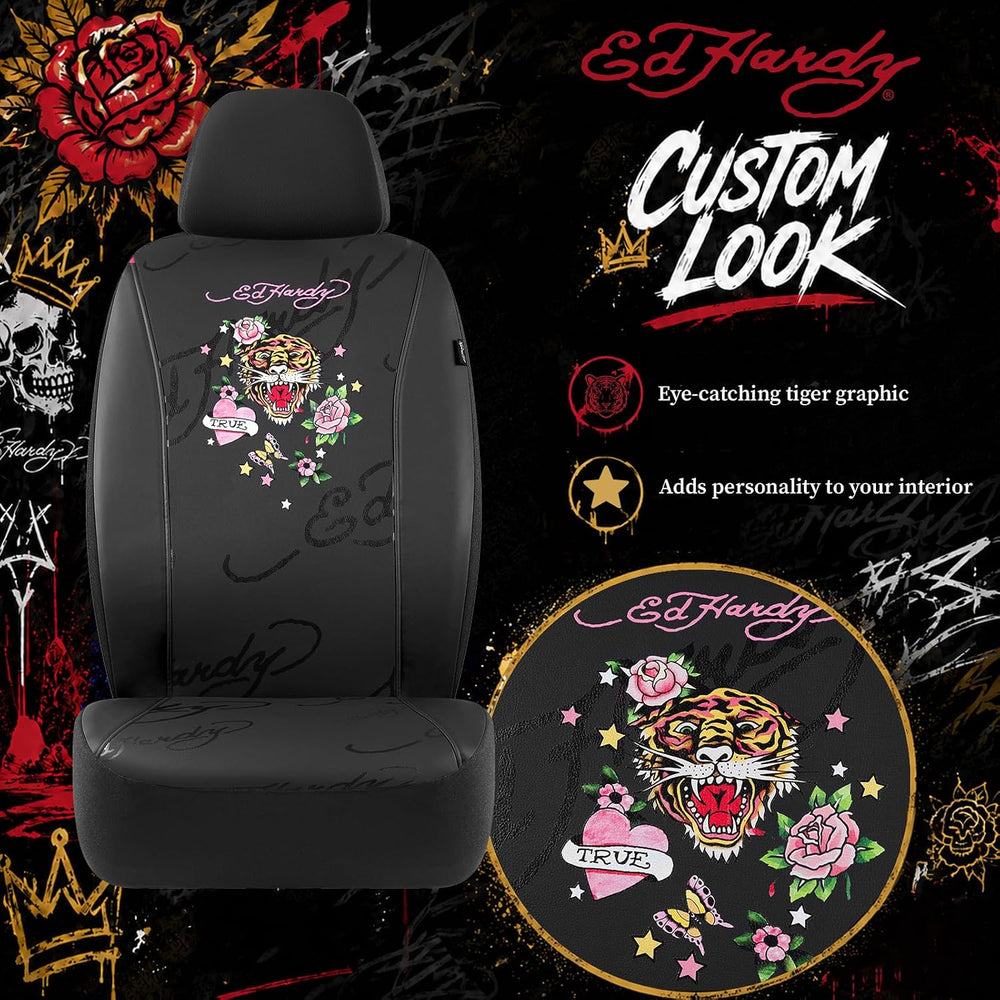 ED HARDY Tiger Print Car Seat Covers, Black Premium Leather Front Seat Covers...