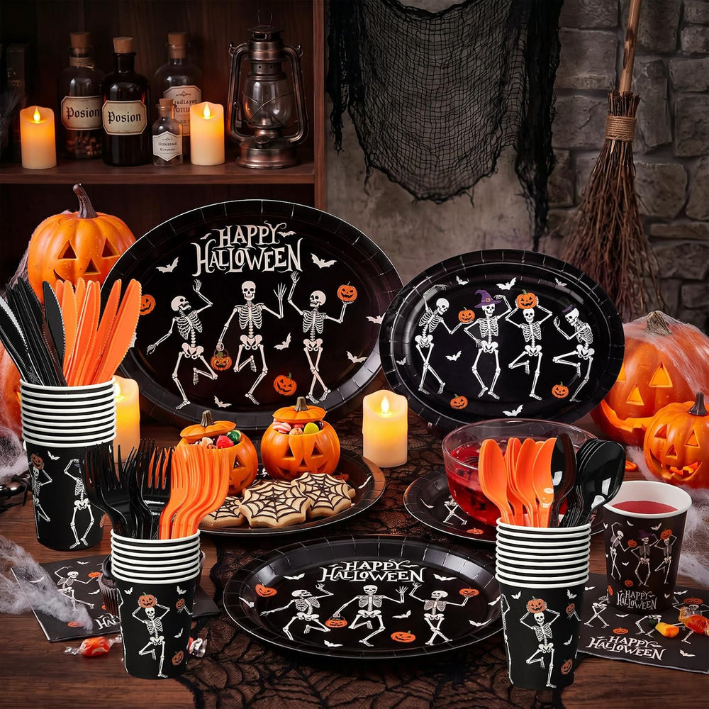 Pajean 350 Pcs Halloween Oval Paper Plates Set 12 inch Skeleton Oval Plates