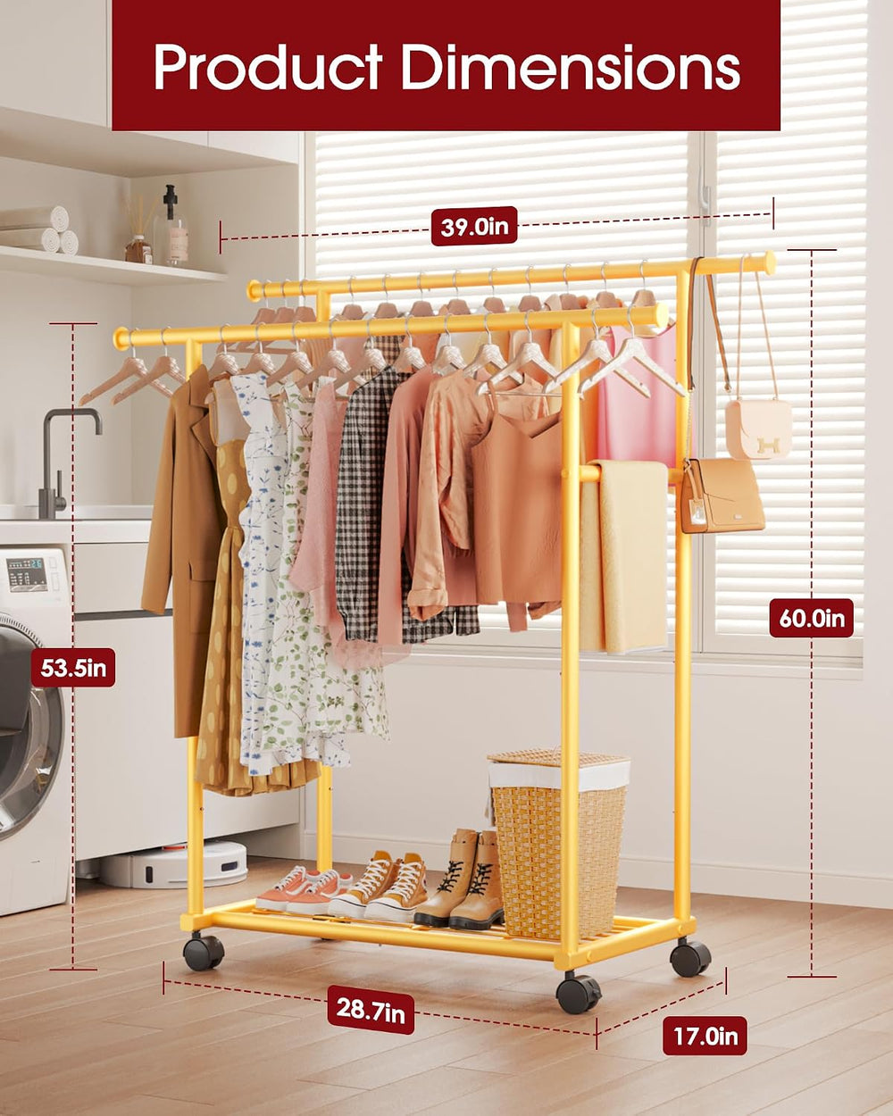 Sakugi Double Rods Clothes Rack - Metal Clothing Rack with Fixed Double Rods,...