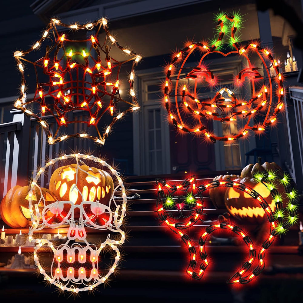 4 Pack Lighted Halloween Window Silhouette Decoration,Jack-O-Lantern, Cobwet,...