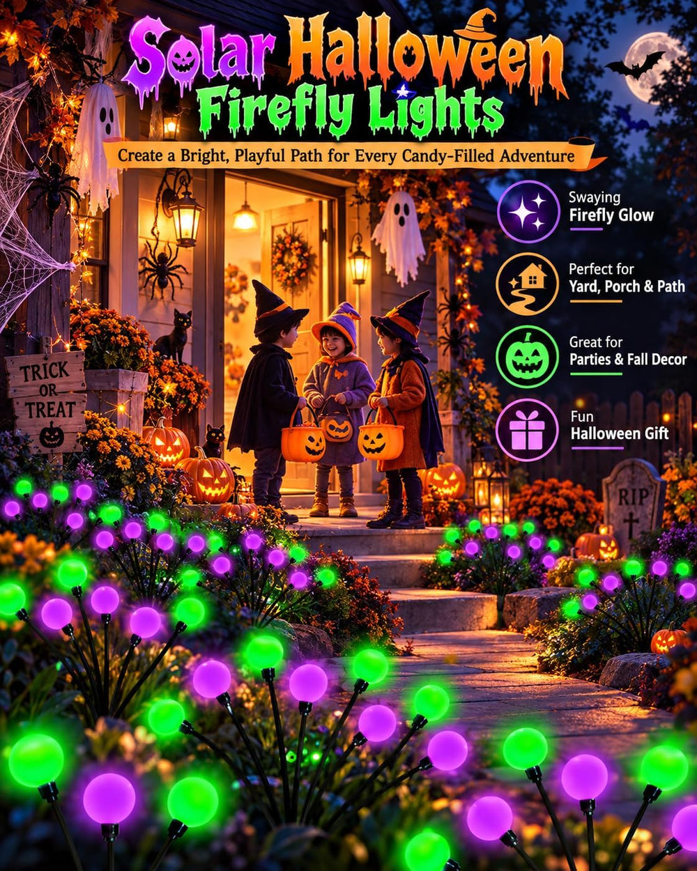 OZS 6Pack 48LED Solar Firefly Halloween Lights Outdoor for Party Decor