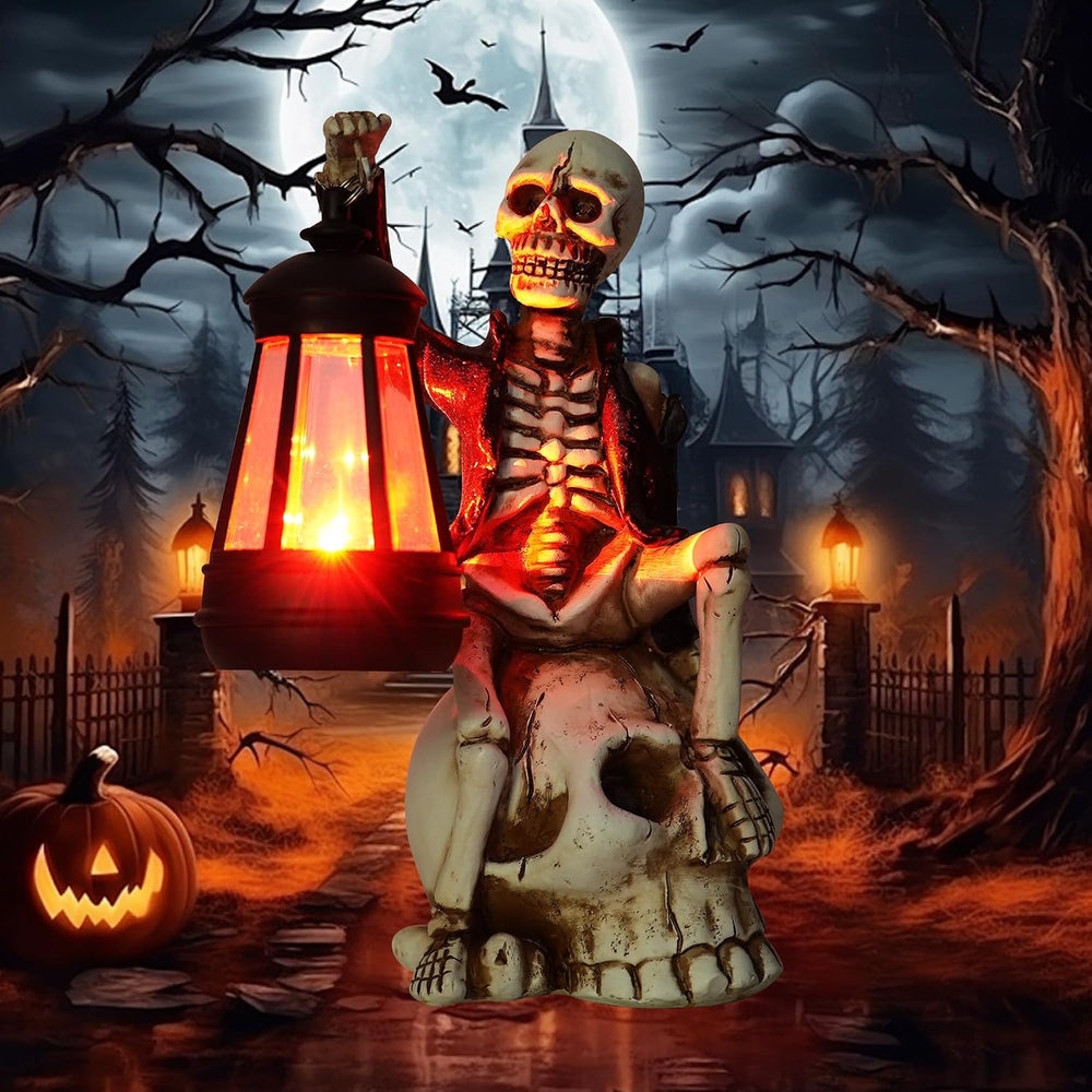 Solar Halloween Decorations Outdoor, Skeleton Figurine on Skull Statue