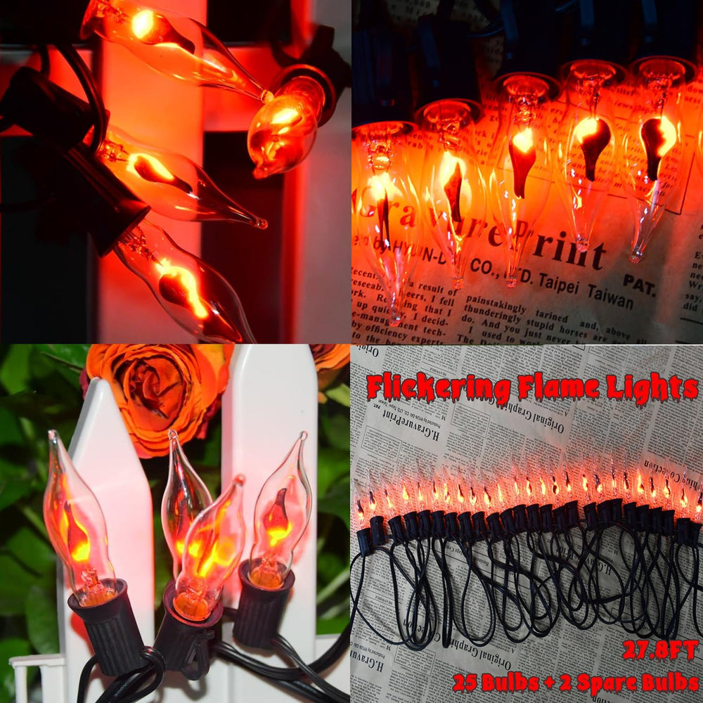 PASUTO 27.8Ft Halloween Decor Lights Flickering Flame String Lights with 25+4...