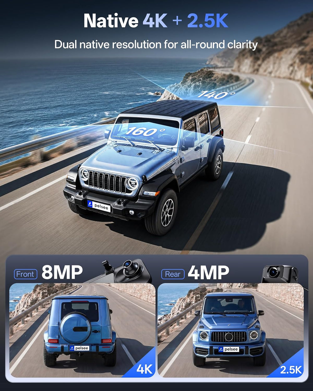 Pelsee S12 Native 4K + 2.5K Mirror Dash Cam, 64GB Card Included, GPS