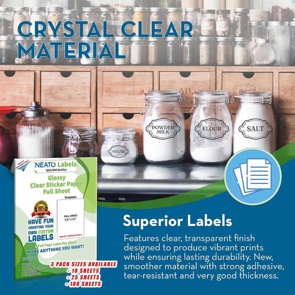 Clear Transparent Sticker Paper (8.5” x 11”) - 100 Sheet Pack - Glossy Full S...