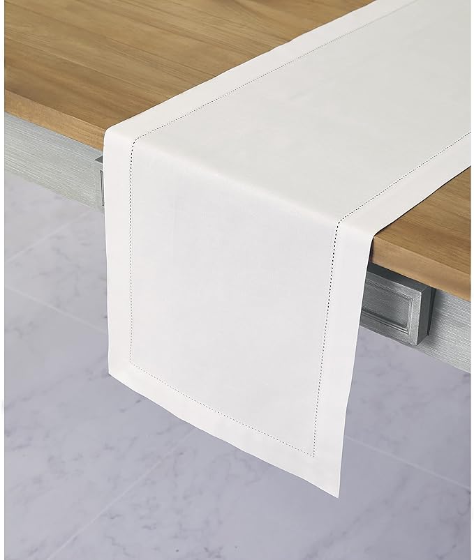 Solino Home White Table Runner 90 Inches Long - Cotton Linen Hemstitch 14 x 9...