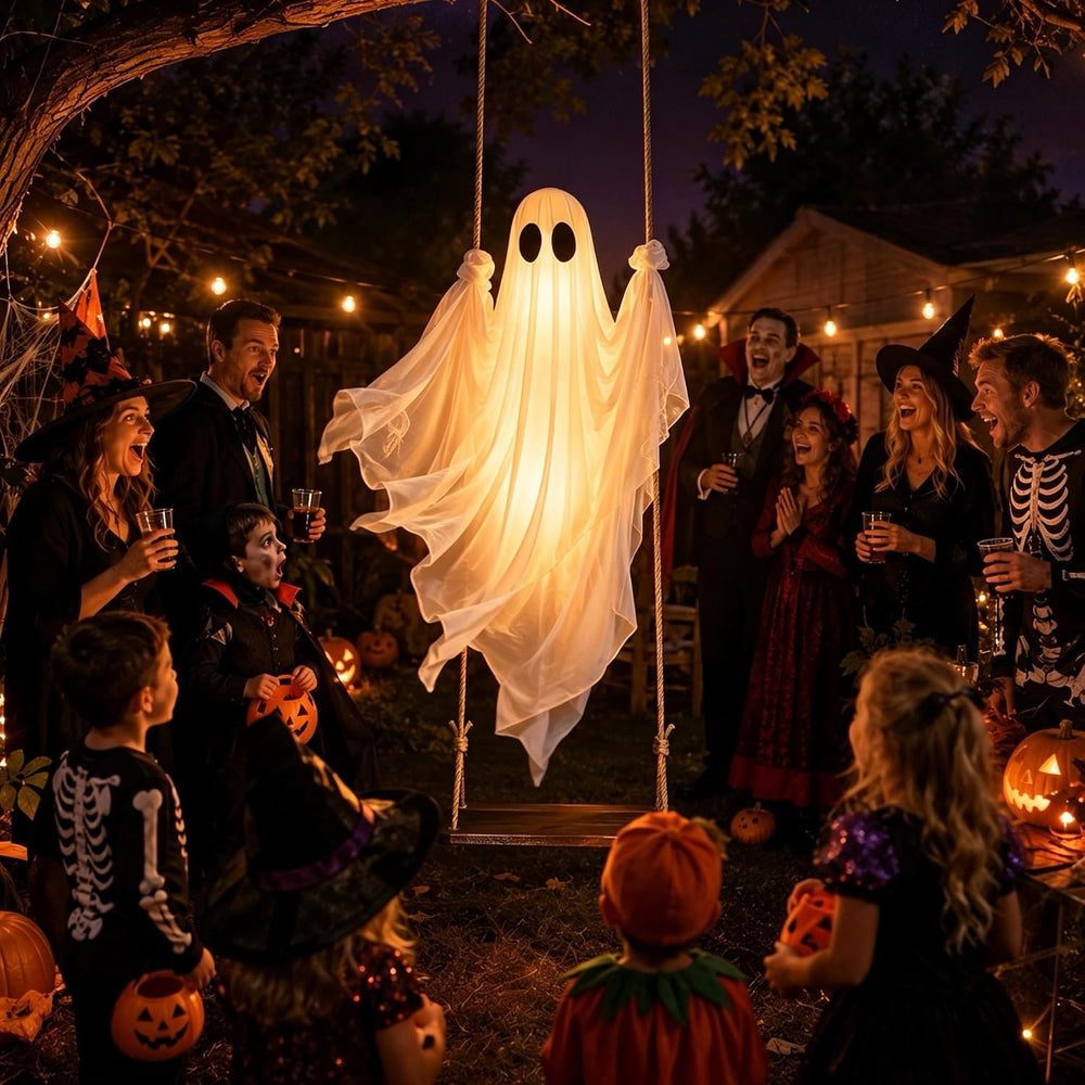 Halloween Decorations Outdoor โ Hanging Swing Ghost 4-8FT, Remote Light Up