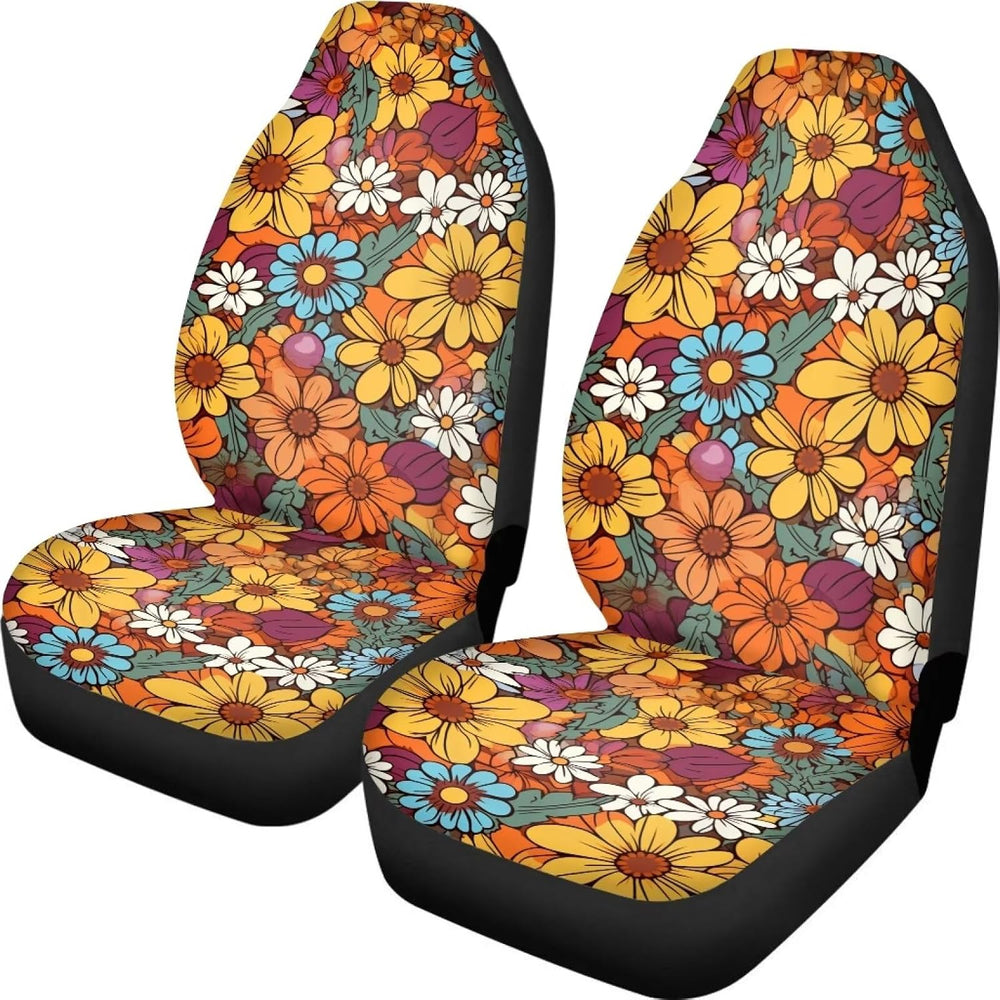 Hippie Flower Orange 2 Pcs Car Seat Covers Front Seats Only Elastic Cushion P...