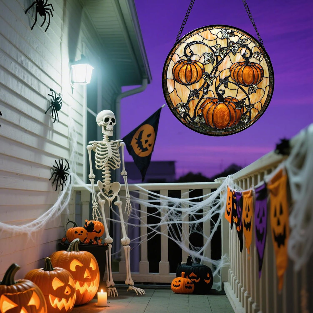 Halloween Orange Pumpkin Vine Leaves Stained Glass Window Hanging Gift 15"