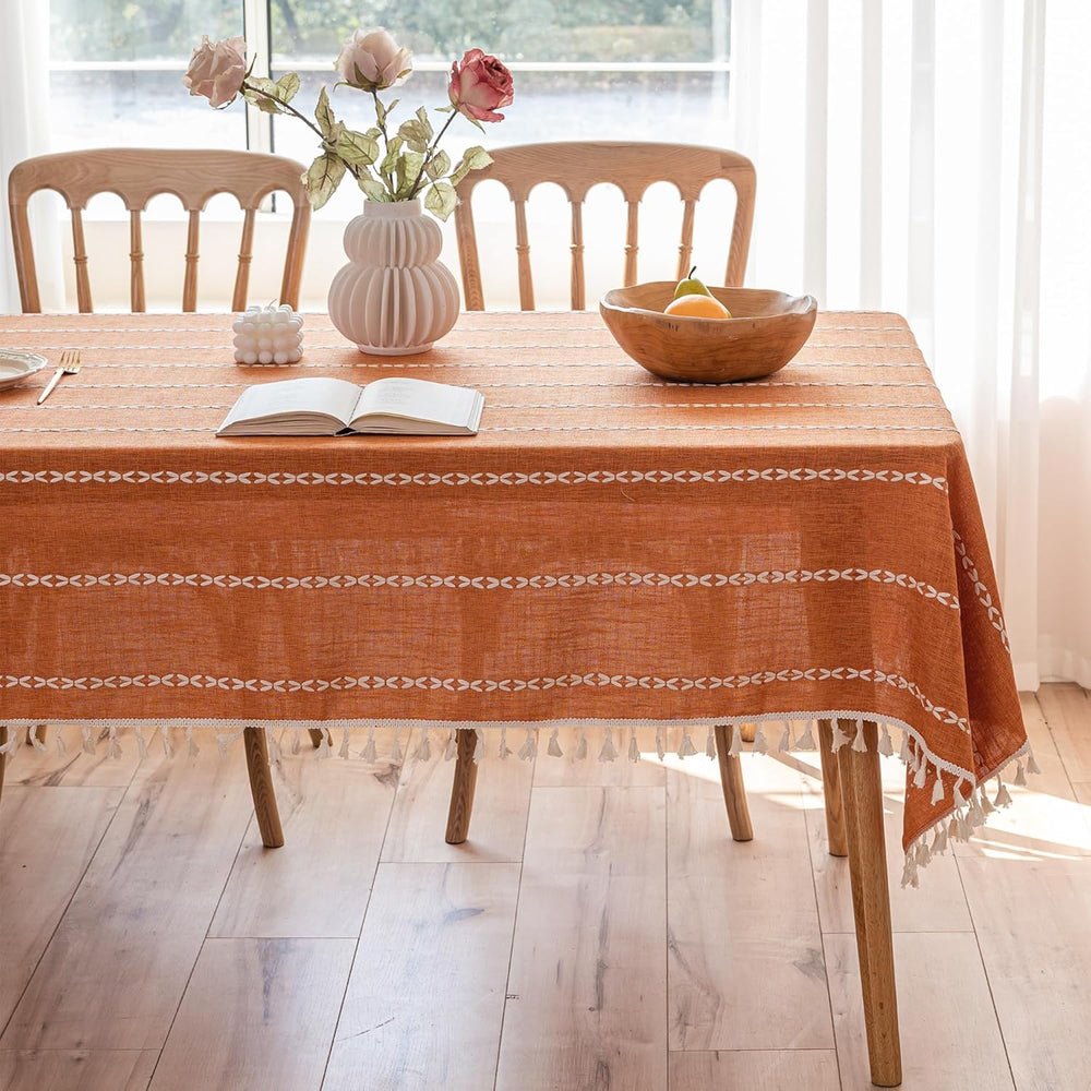 Burnt Orange Linen Rectangle Table Cloth with Tassel Farmhouse Burlap Tablecl...