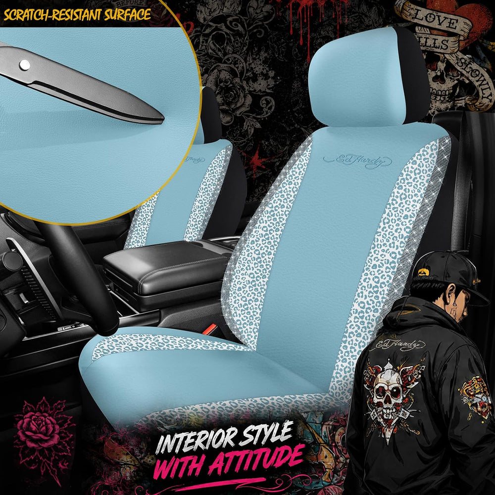 ED HARDY Car Seat Covers, Blue Leopard Print with Blue Rhinestone Trim, Styli...