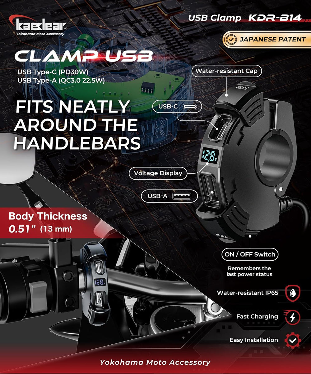 Kaedear USB-C & USB-A Motorcycle Charger, PD 30W, KDR-B14