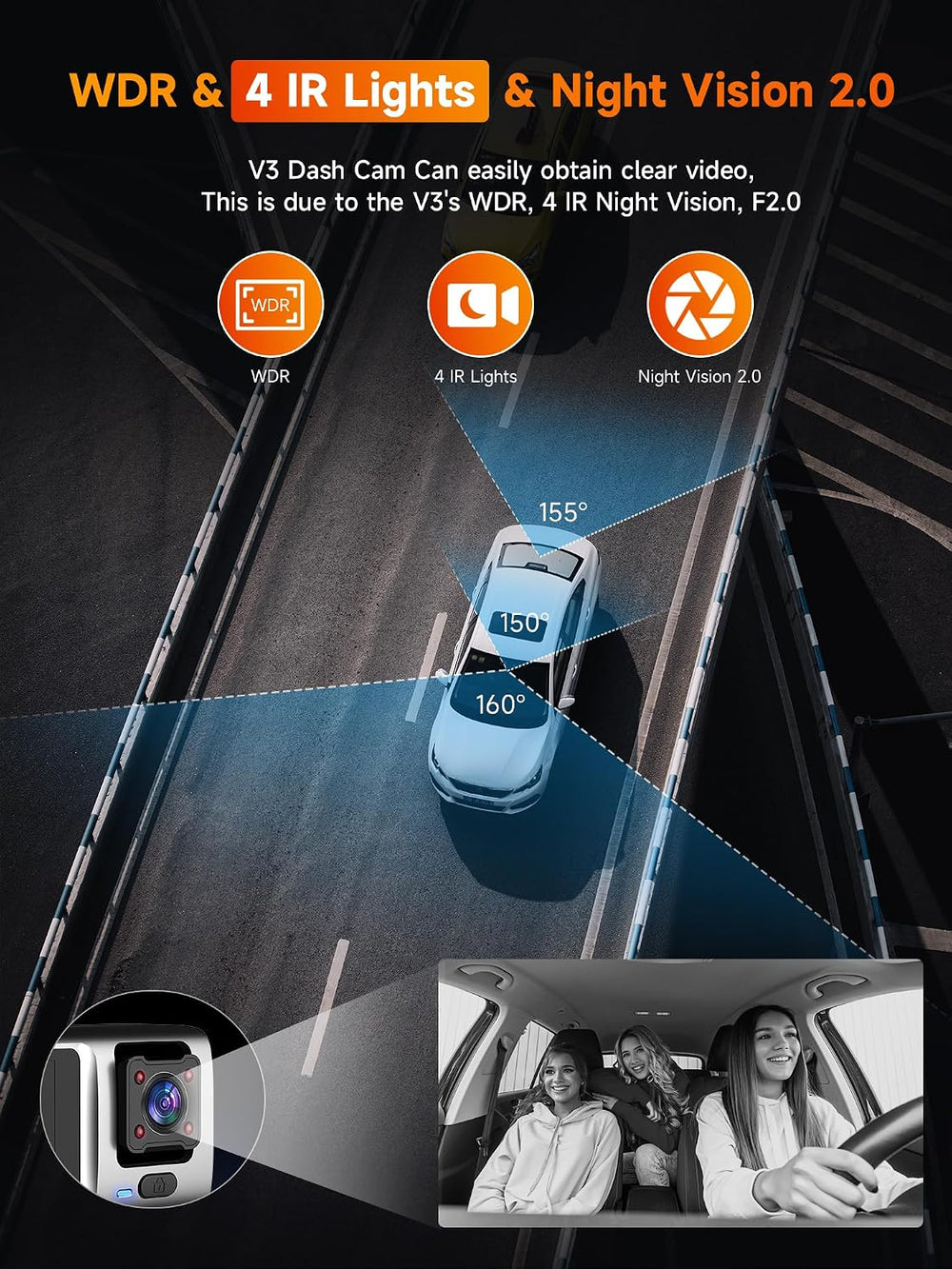 3 Channel Dash Cam Front and Rear Inside, 2.5K Front Cabin Recorder with Supe...