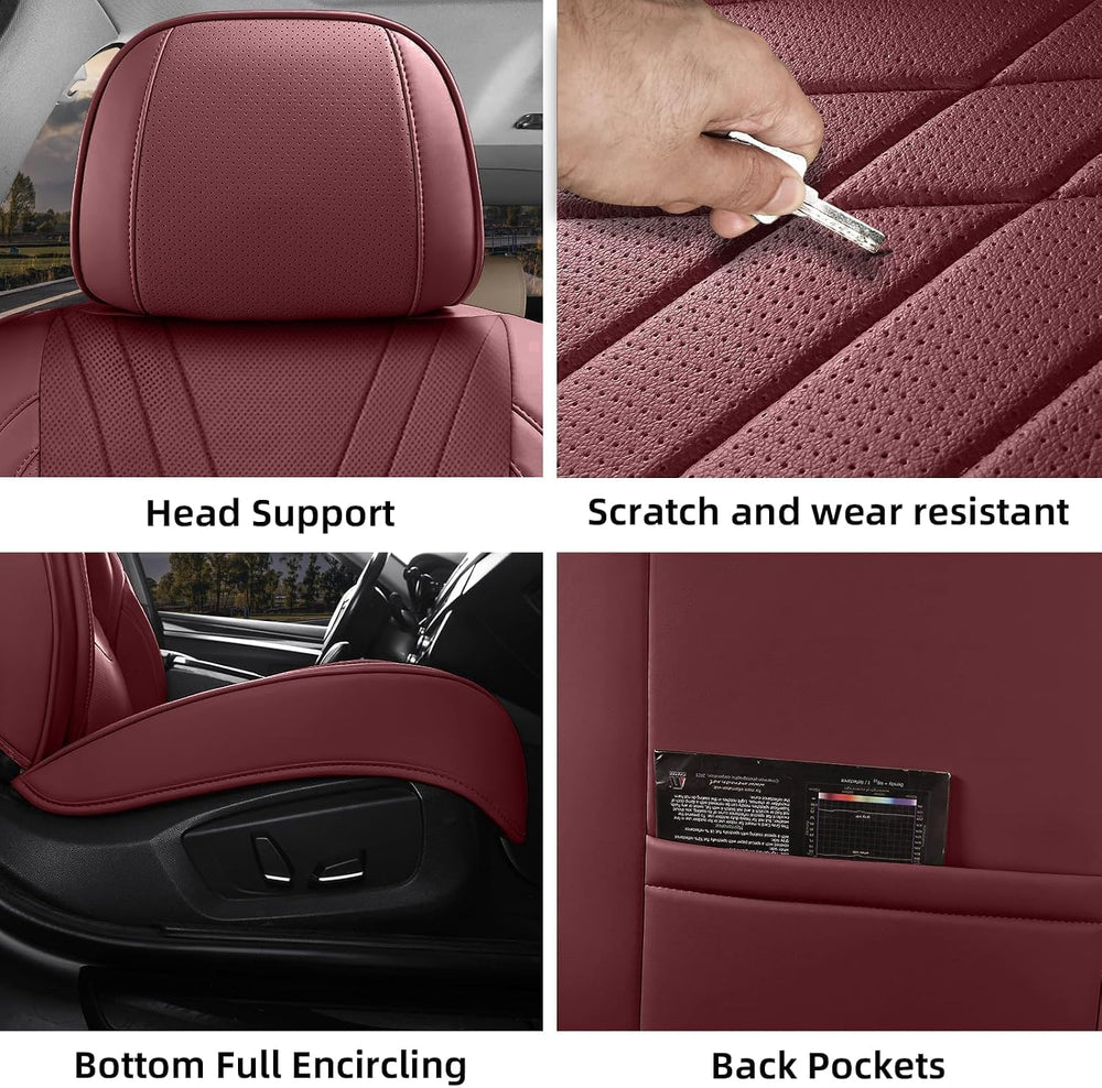 Leather Car Seat Covers Full Set Women Luxury Burgundy Non-Slip Seat Covers